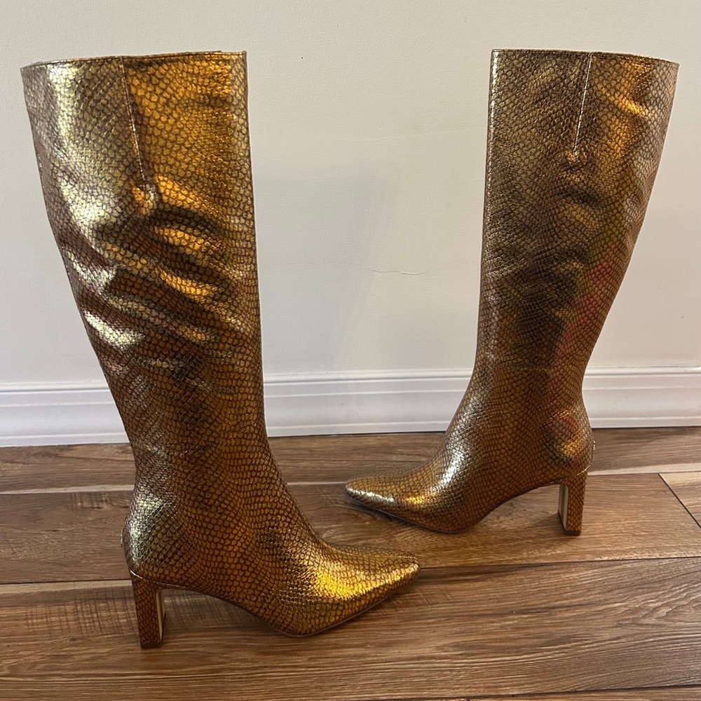 Sam Edelman Sylvia 2 Gold Snake Print Boots Leather Women's Size 9M NEW IN BOX